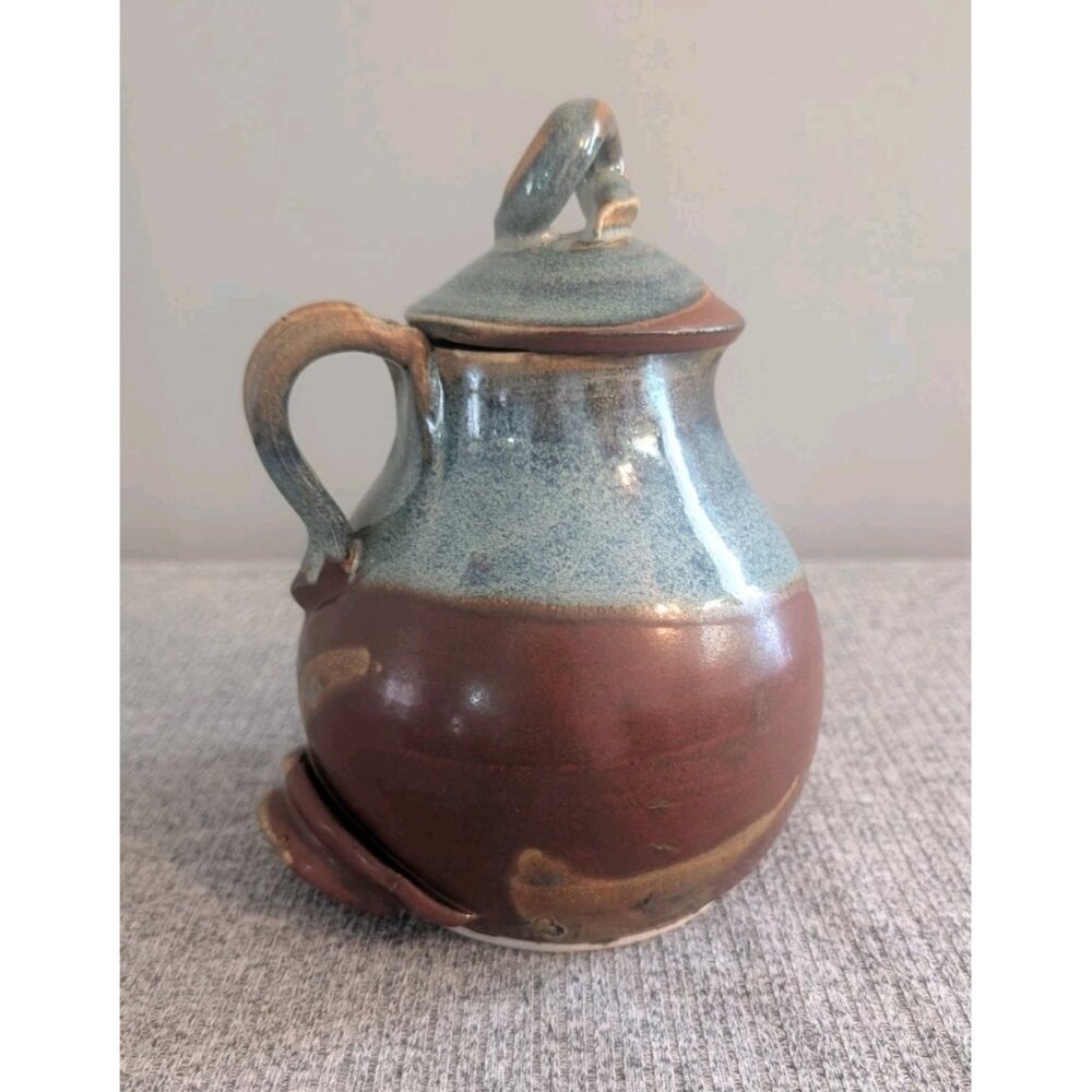 Handmade Rustic Salt Glazed Blue/Brown Pottery Jug with Lid, Signed, 17cm/6" - Picture 2 of 8